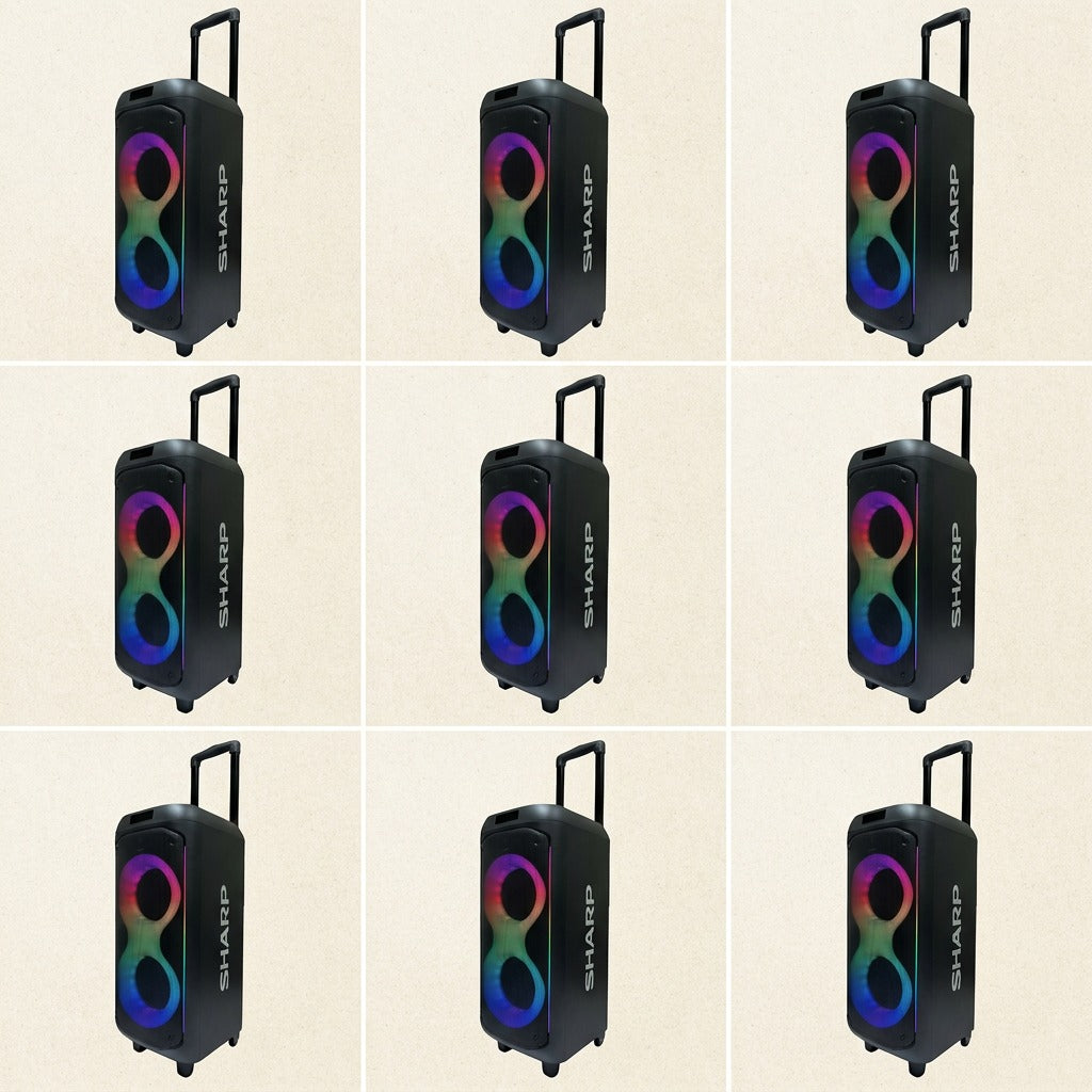 Grid of Sharp PS-935 party speakers with trolley wheels, handles, and colorful LED light rings.