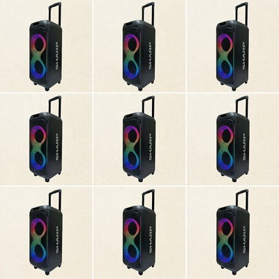Grid of Sharp PS-935 party speakers with trolley wheels, handles, and colorful LED light rings.