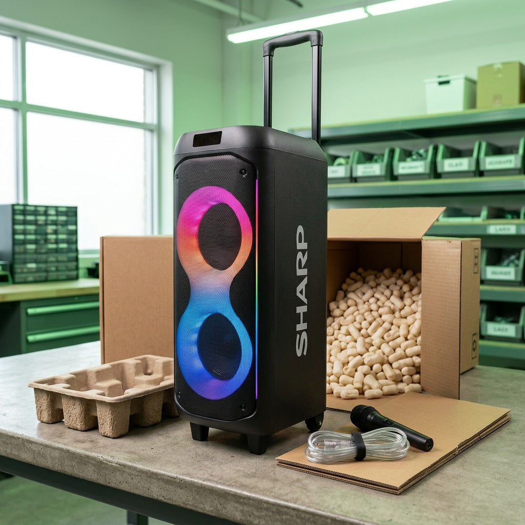 Sharp PS-935 party speaker unboxing with protective shipping materials, microphone, and cables.