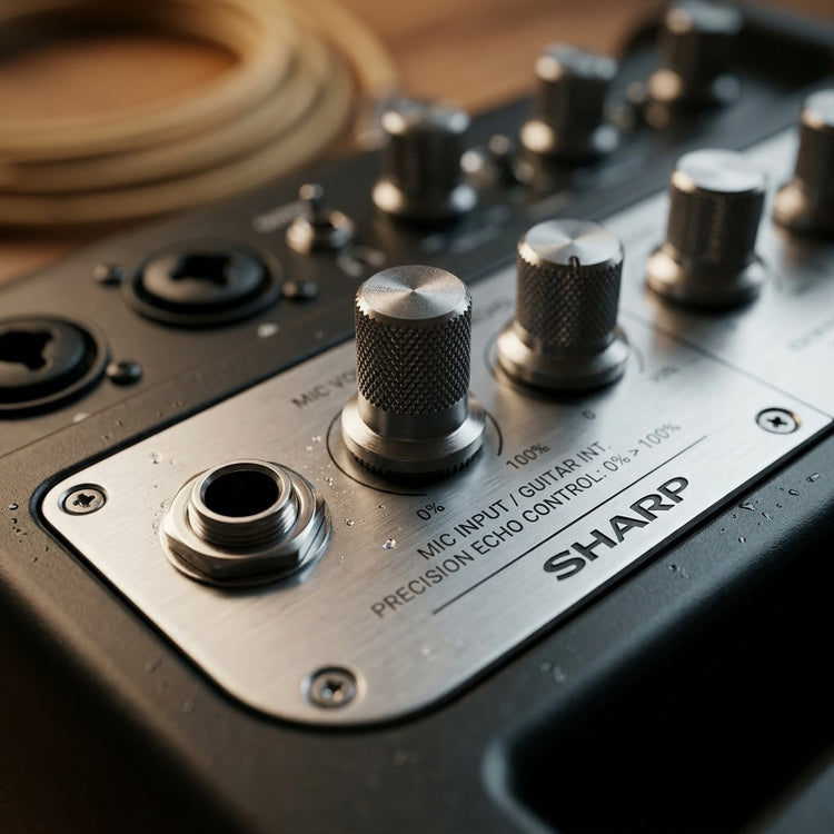 Macro detail of the Sharp PS-935 speaker's metal control panel, showing knurled mic volume knobs.