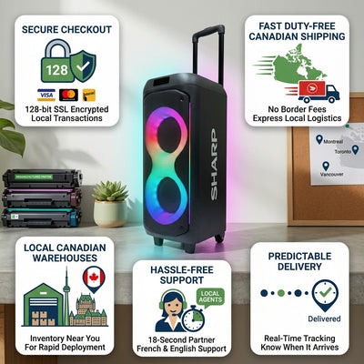 Sharp PS-935 Portable Party Speaker with trust badges for fast duty-free Canadian shipping and secure checkout.