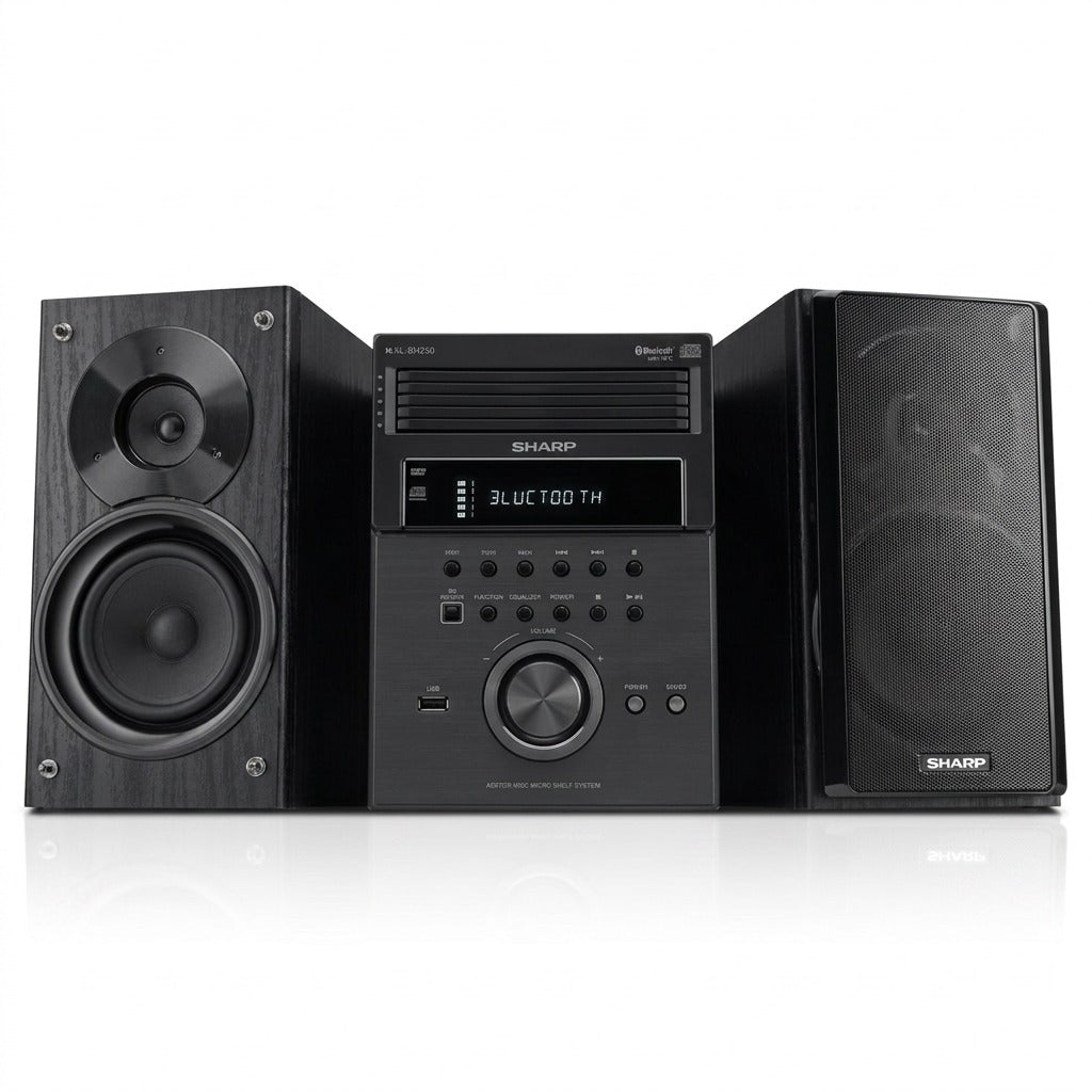 Sharp XL-BH250 5-disc micro shelf executive speaker system with Bluetooth and two wood-grain speakers.