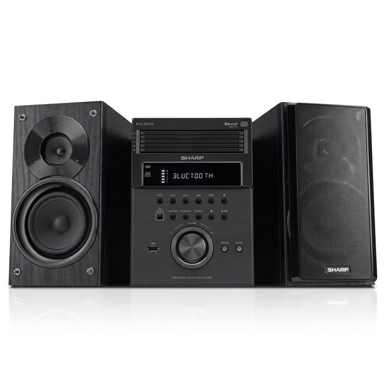 Sharp XL-BH250 5-disc micro shelf executive speaker system with Bluetooth and two wood-grain speakers.