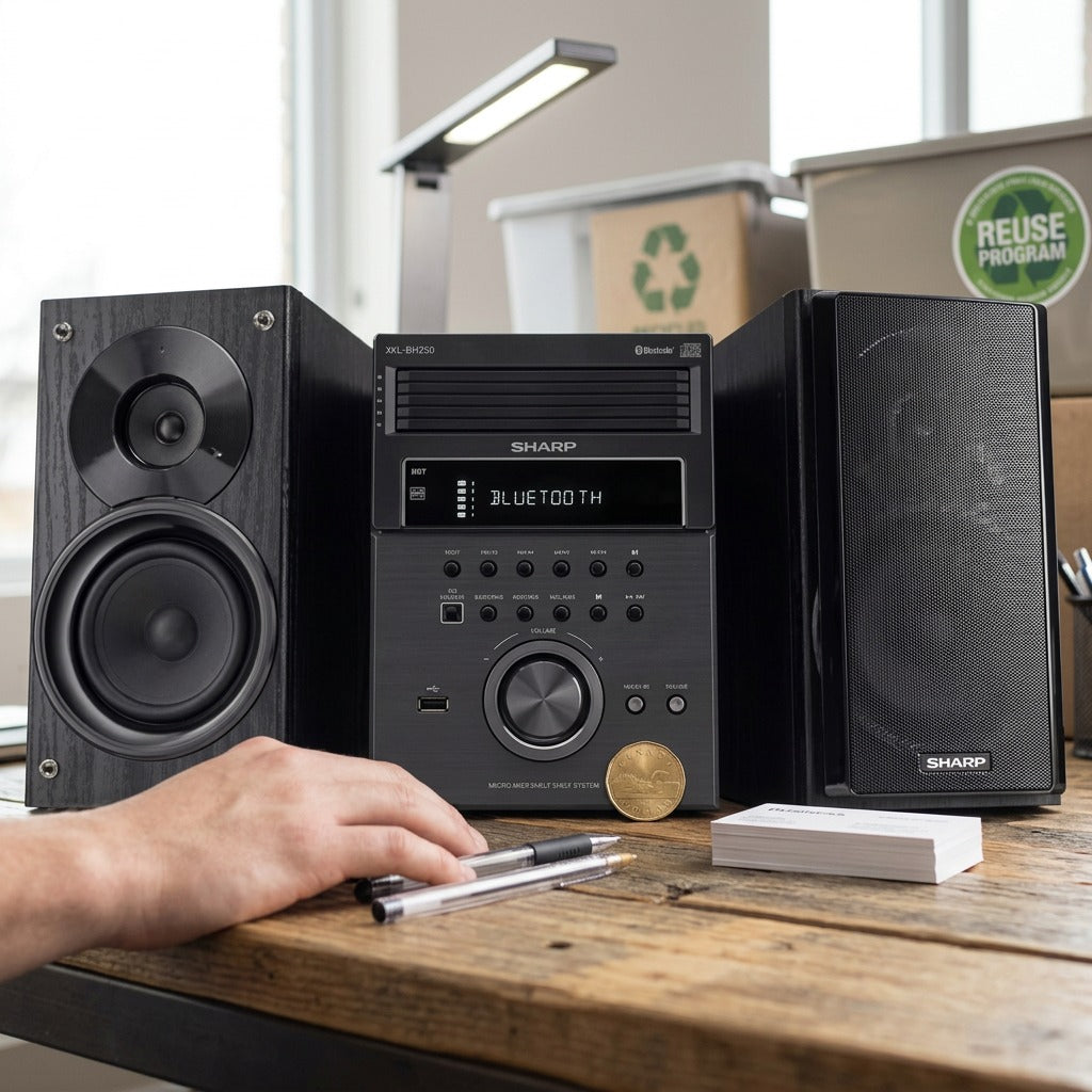 Compact Sharp XL-BH250 5-CD shelf system on a wooden desk next to a hand, pens, and a gold coin.