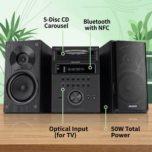 Sharp XL-BH250 50W speaker system features: 5-disc carousel, Bluetooth NFC, and Optical input.