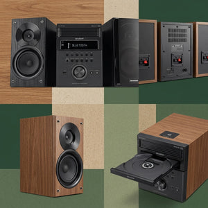 Sharp XL-BH250 5-disc stereo system shown from front, back, side, and open CD tray views.