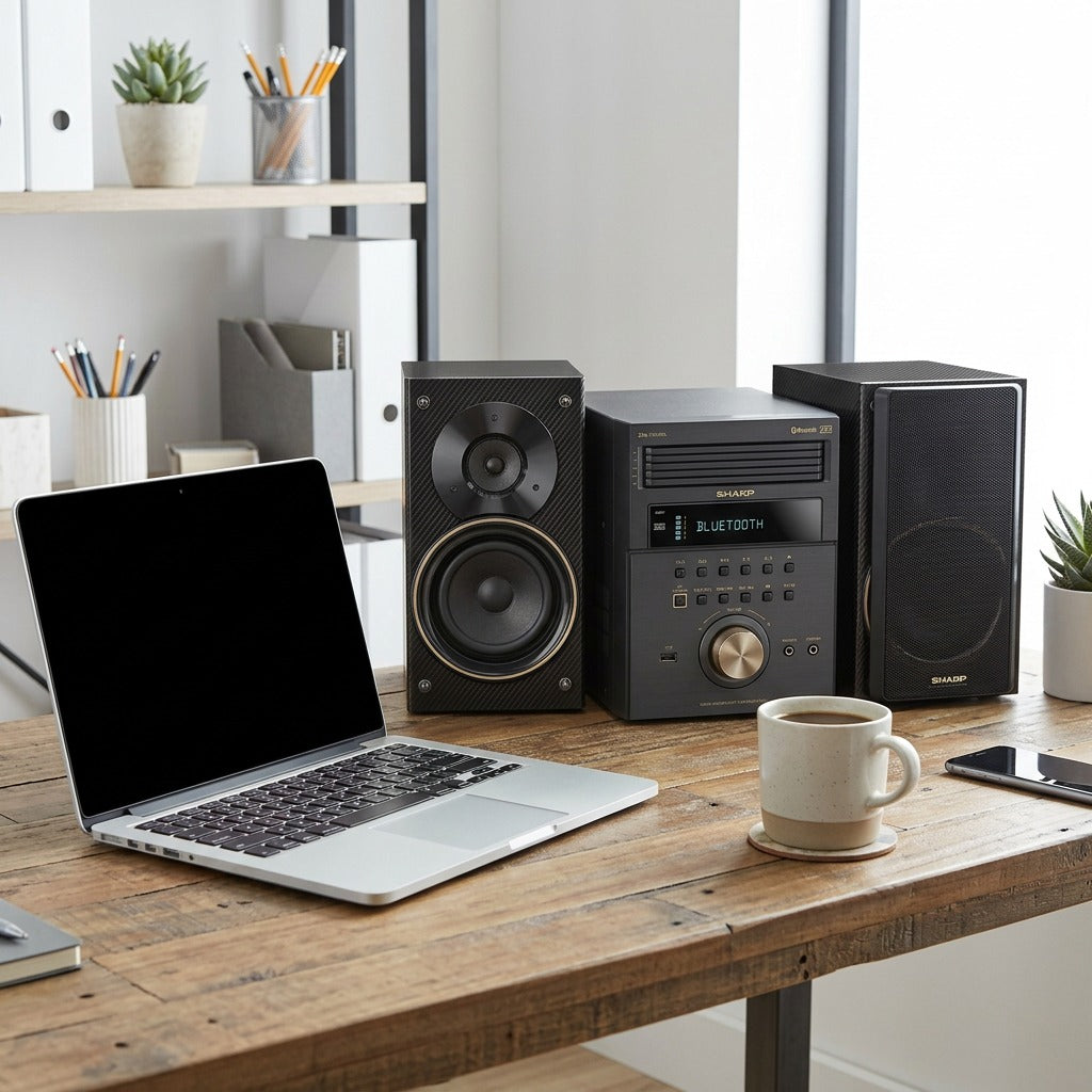 Sharp XL-BH250GL bookshelf system on a wooden desk next to a laptop and coffee mug for scale.