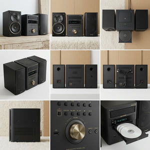 Nine-panel grid showing the Sharp XL-BH250GL micro shelf system from multiple angles and close-ups.