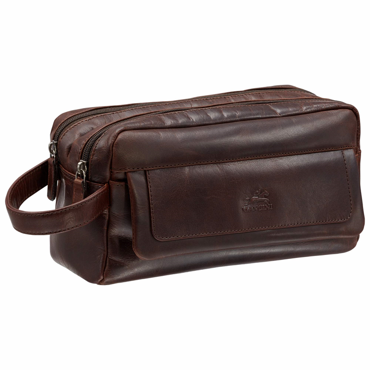 Trousse de Toilette Double Compartiment Zip Supérieur Marron