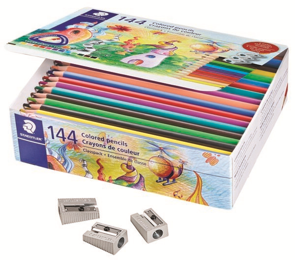 Crayon de couleur extrudé, lot de classe, 144 pièces + 3 taille-crayons 510 10 (12 couleurs x 12 paquets)