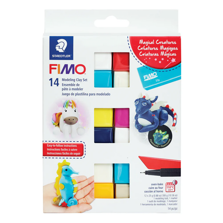 Kit Pâte à Modeler Fimo Soft Créatures Magiques, Pack 12 Couleurs, 1 Marqueur Permanent, 1 Outil de Modelage