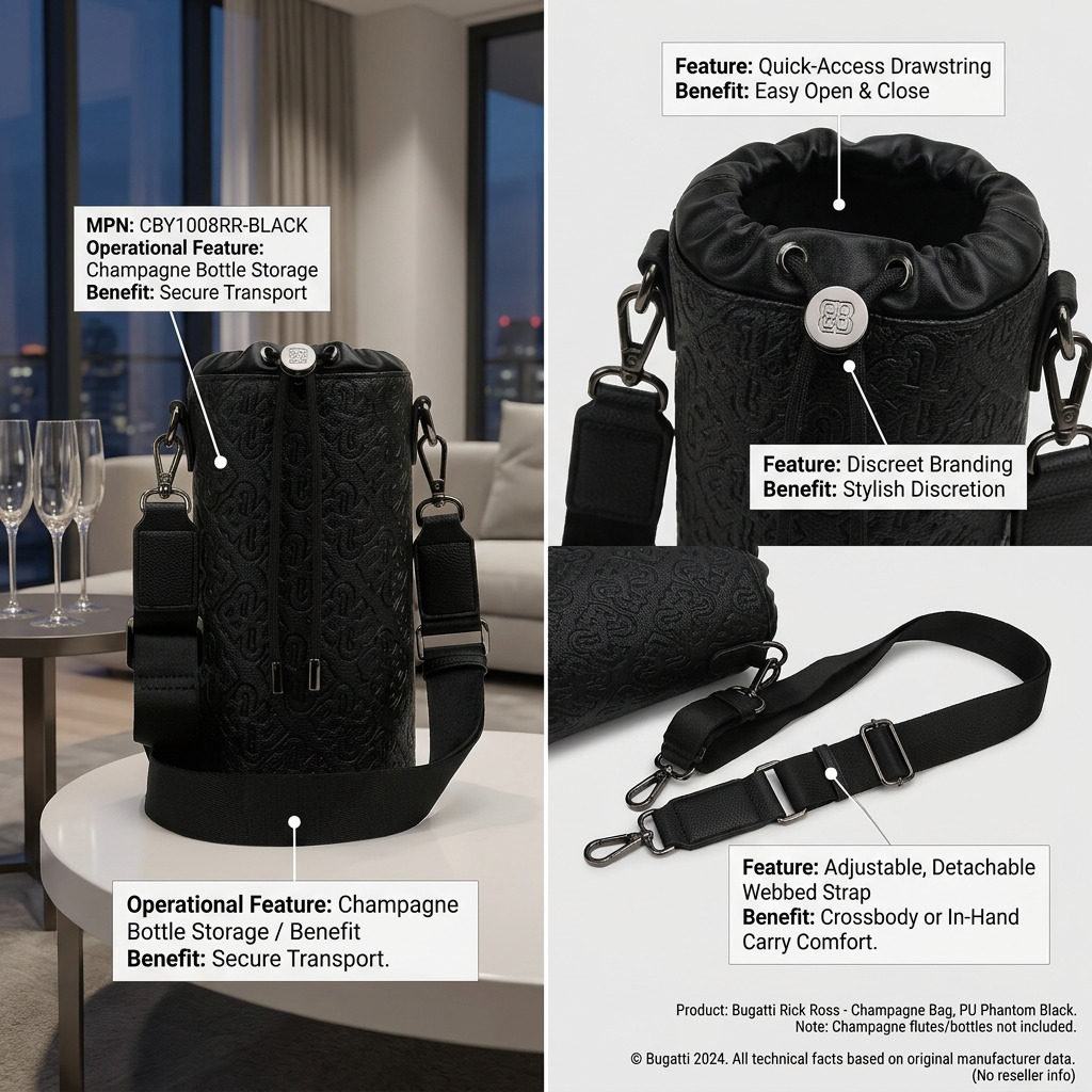 BUGATTI Rick Ross - Champagne Bag - PU Phantom Black (CBY1008RR-BLACK) - Cartouches Certifiees