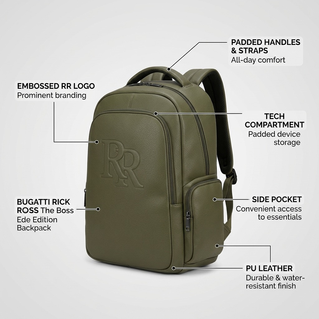 BUGATTI Rick Ross - The Boss Edition Backpack - PU Grit Green (BKP1000RR-KHAKI) - Cartouches Certifiees