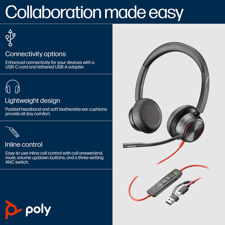 HP Poly Blackwire 8225 Microsoft Teams Certified USB-C Headset Avec fil Arceau Bureau/Centre d'appels USB Type-C Noir - Image 3