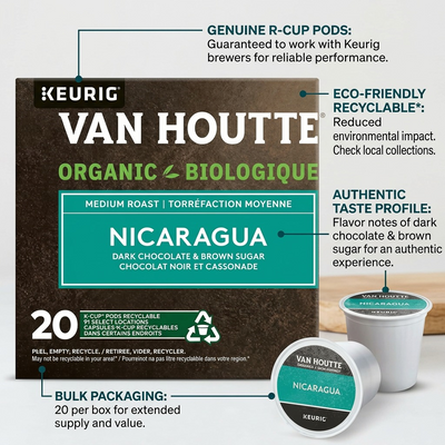 COFFEE-K CUP VAN HOUTTE NICARAGUA ORGANIC MEDIUM ROAST 20/BX - Cartouches Certifiees