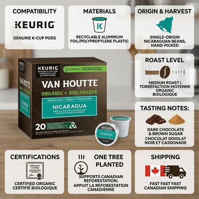 COFFEE-K CUP VAN HOUTTE NICARAGUA ORGANIC MEDIUM ROAST 20/BX - Cartouches Certifiees