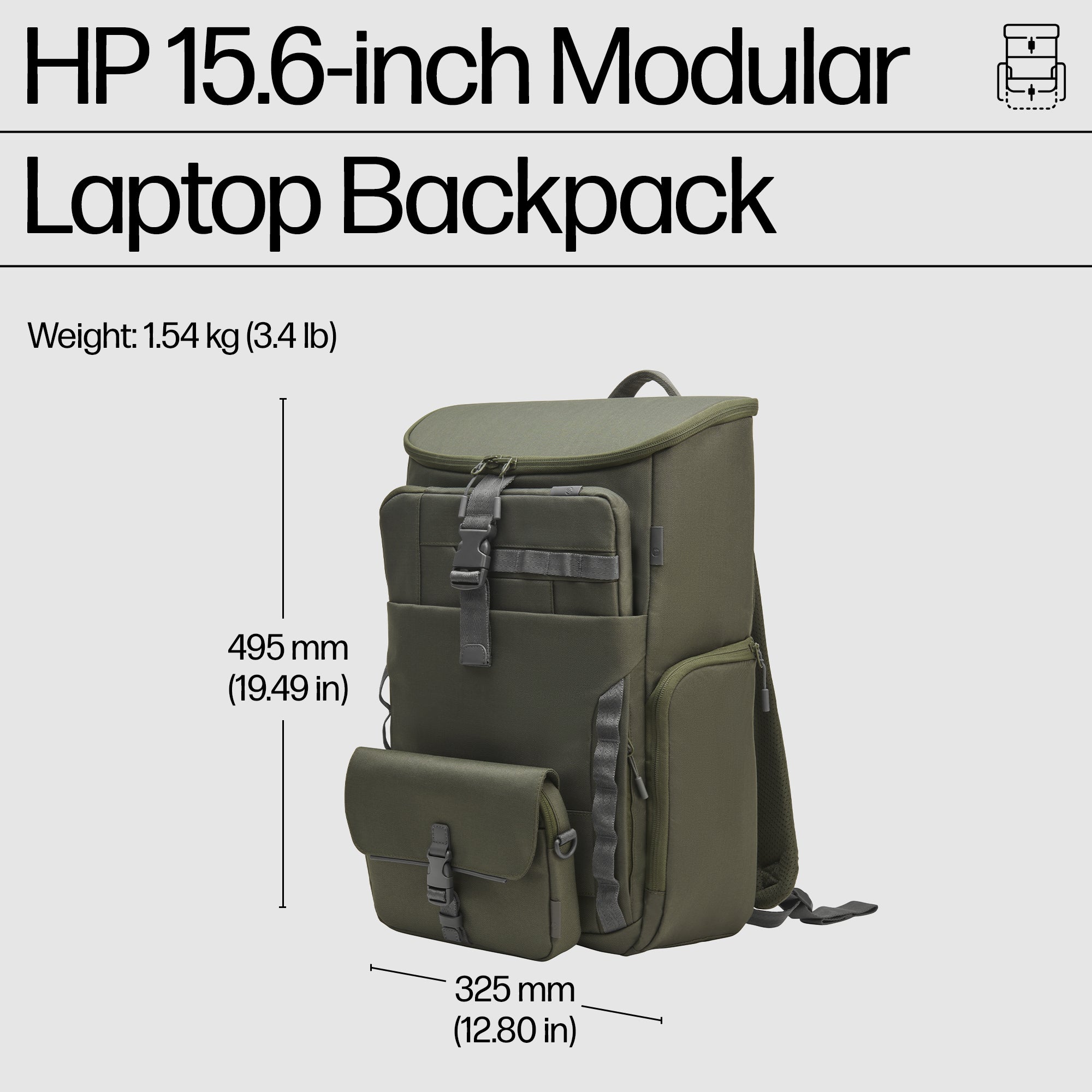 HP 15.6 Modular Laptop Backpack 39.6 cm (15.6") Green, Grey (9J496AA) - Cartouches Certifiees