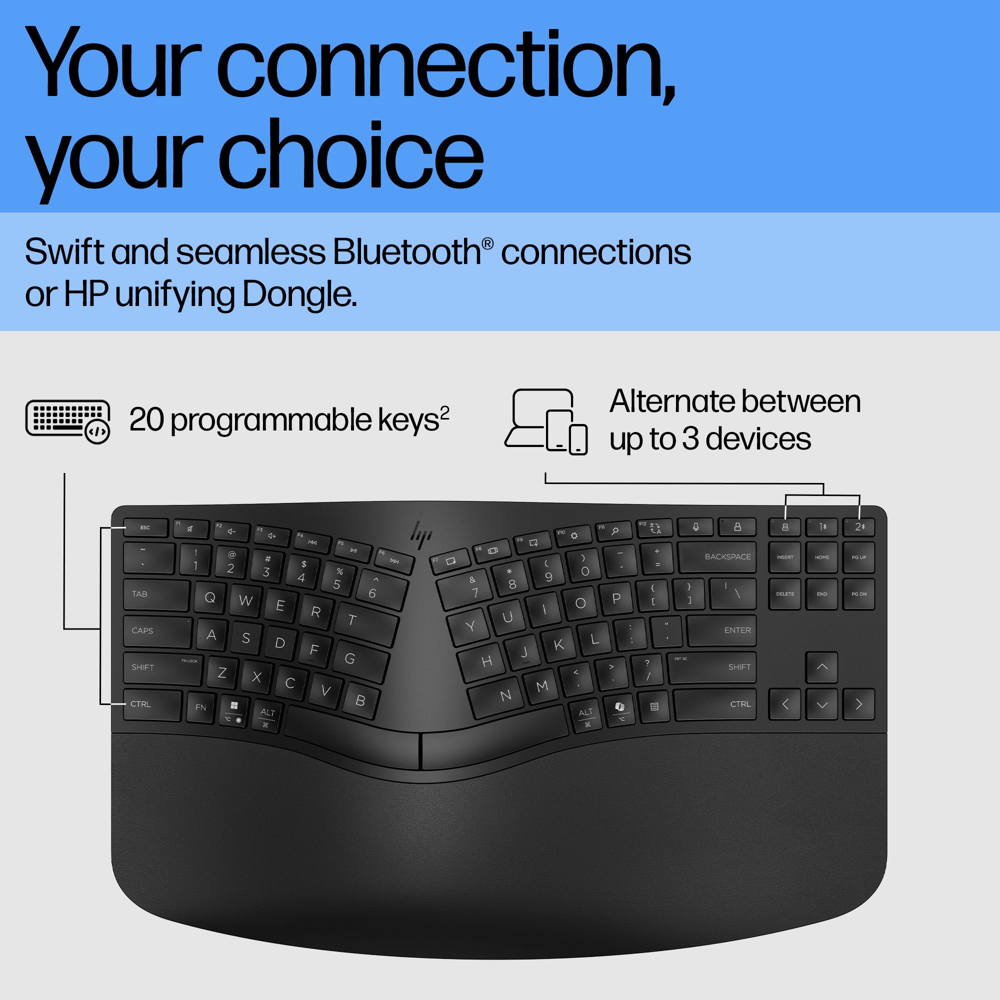 HP 960 BLK Ergonomic Wireless keyboard Home RF Wireless + Bluetooth Black (7E755AA#ABA) - Cartouches Certifiees