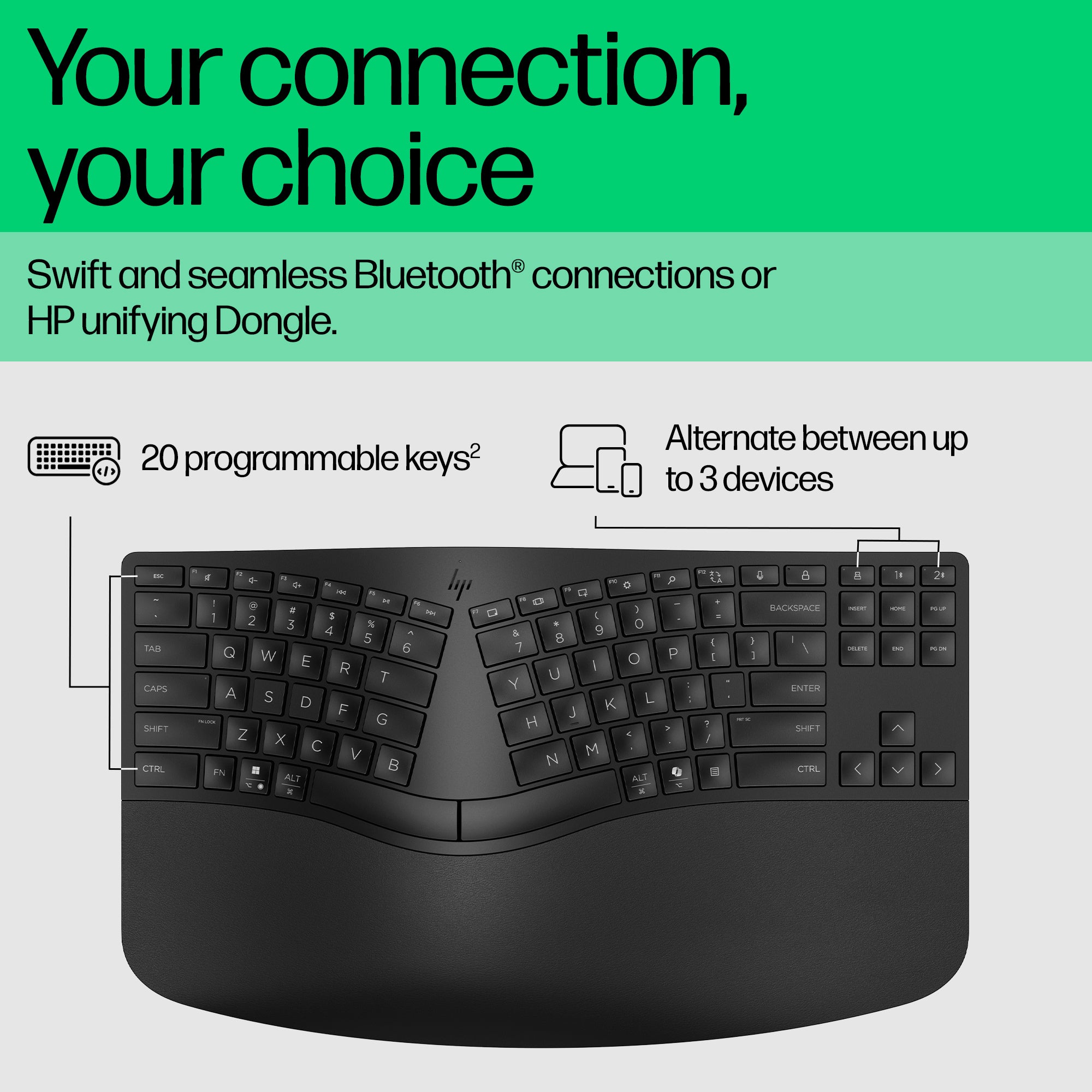 HP 960 BLK Ergonomic Wireless keyboard Home RF Wireless + Bluetooth Black (7E755AA#ABA) - Cartouches Certifiees