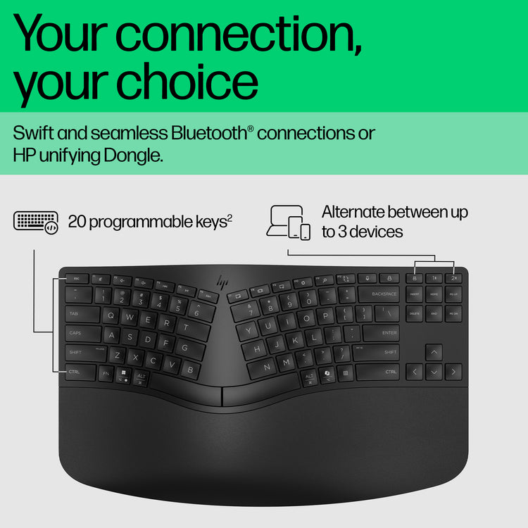 HP 960 BLK Ergonomic Wireless keyboard Home RF Wireless + Bluetooth Black (7E755AA#ABA) - Cartouches Certifiees