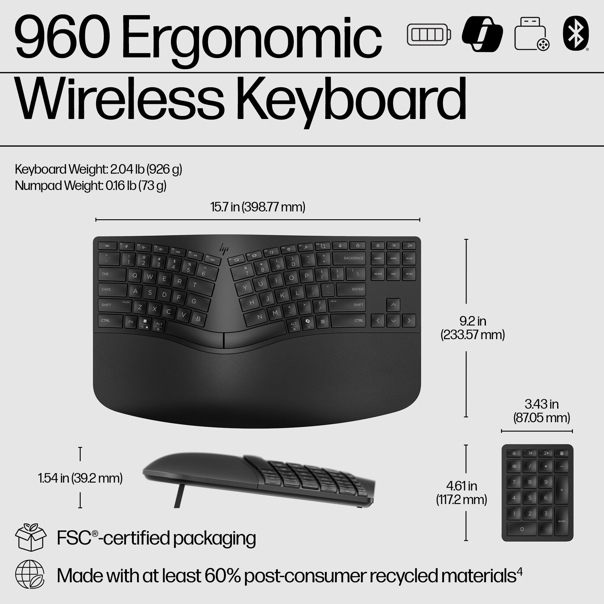 HP 960 BLK Ergonomic Wireless keyboard Home RF Wireless + Bluetooth Black (7E755AA#ABA) - Cartouches Certifiees