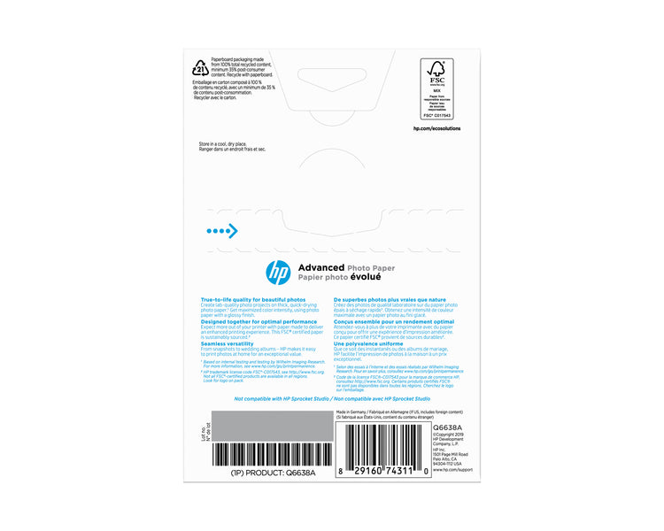 HP ADVANCE BORDERLESS GLOSSY PHOTO PAPER 4X 6 100 SHT (Q6638A) - Cartouches Certifiees