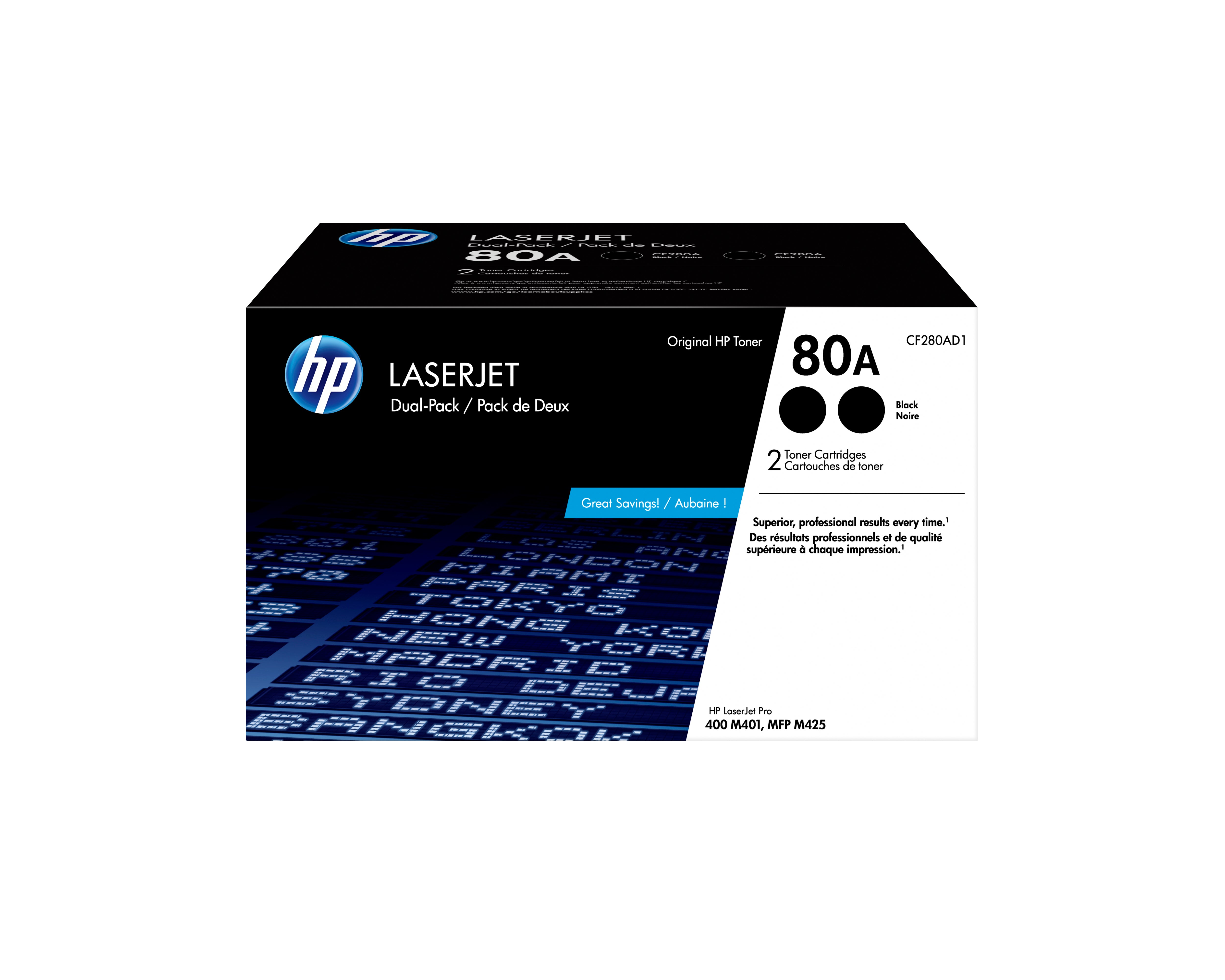 HP CF280AD1 (80A) 2 Pack Black Original Toner Cartridge - Cartouches Certifiees