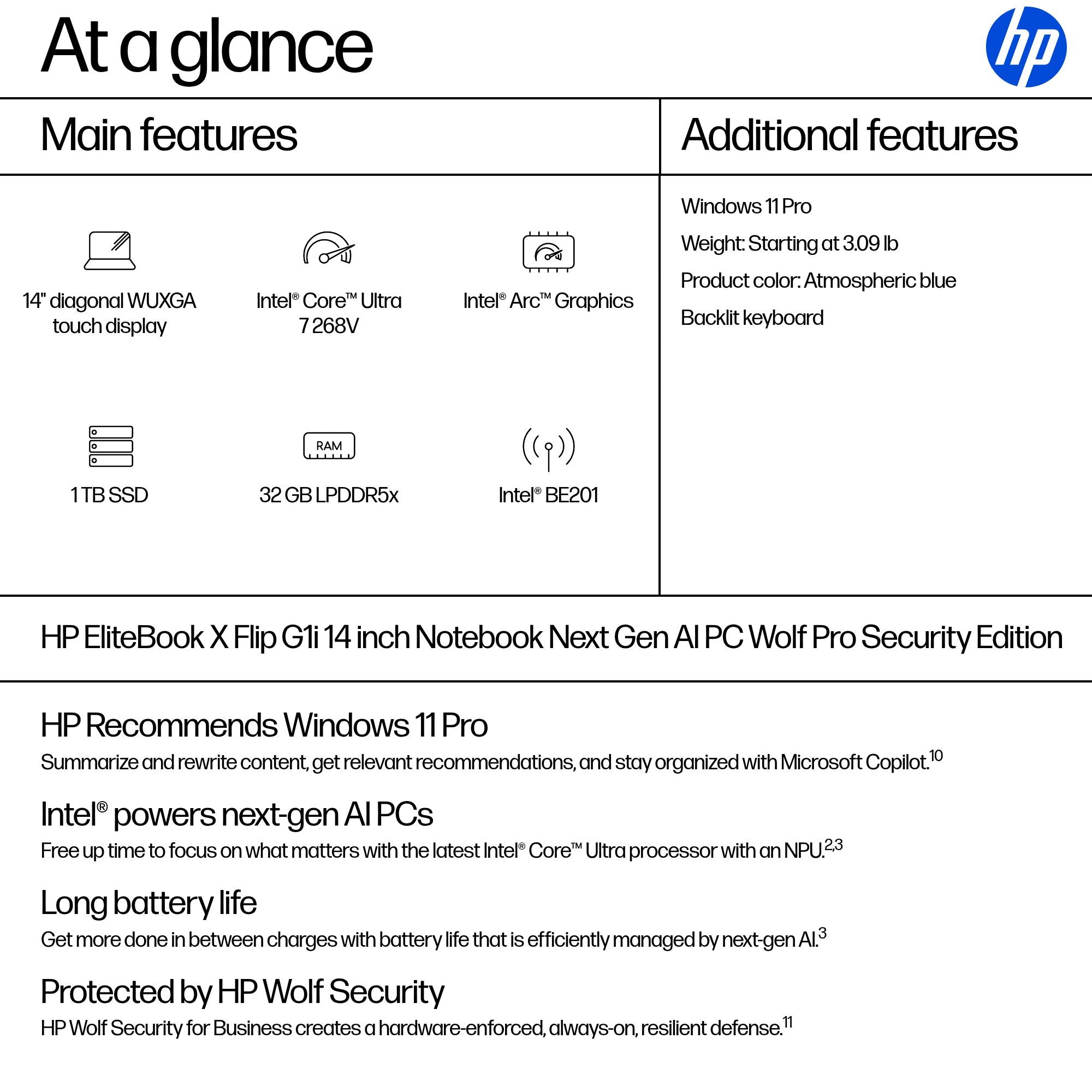 HP EliteBook X Flip G1i Next Gen AI PC Wolf Pro Security Edition Copilot+ PC Intel Core Ultra 7 268V Hybrid (2-in-1) 35.6 cm (14") Touchscreen WUXGA 32 GB LPDDR5x-SDRAM 1 TB SSD Wi-Fi 7 (802.11be) Windows 11 Pro Blue (B8GE7UT#ABA) - Cartouches Certifiees