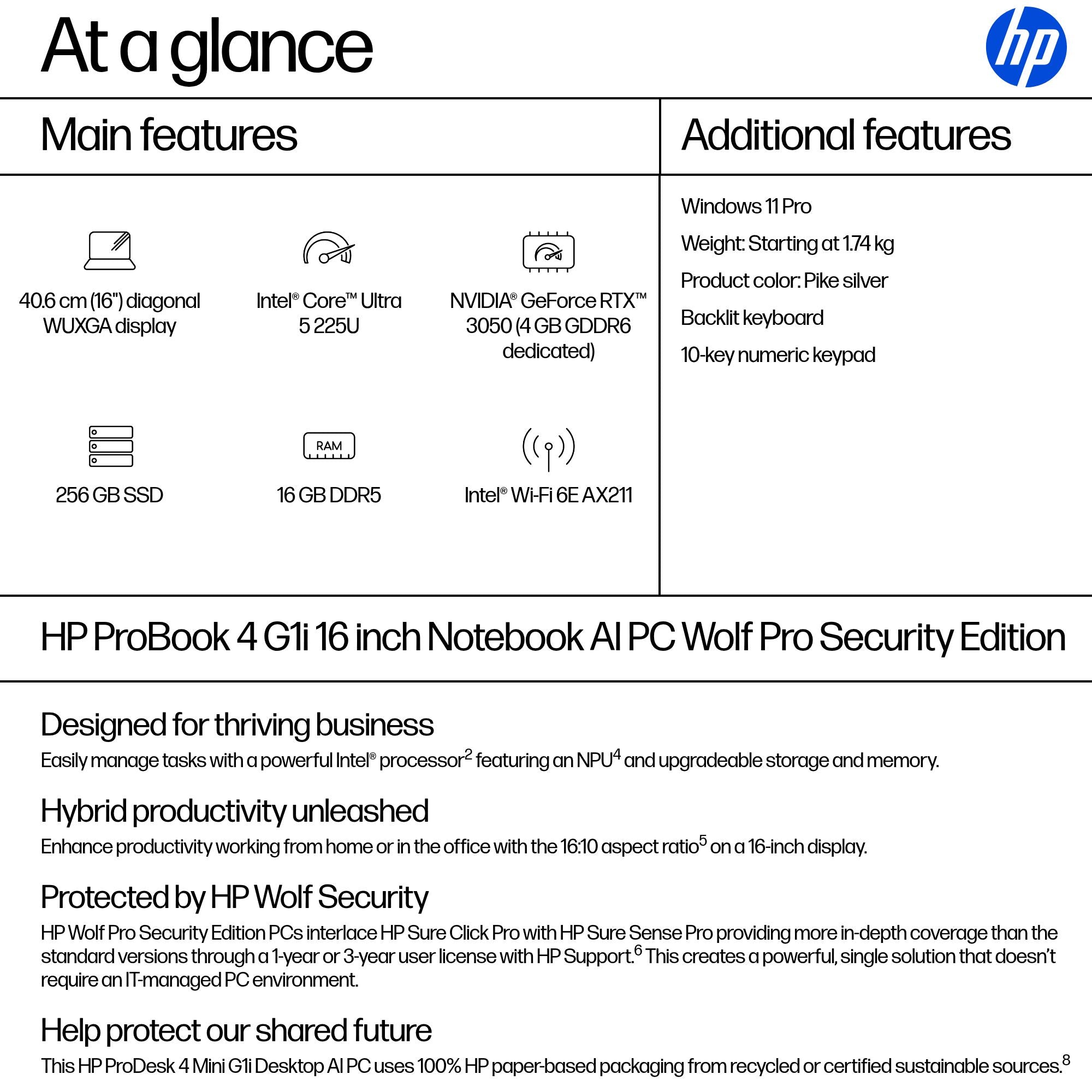 HP HPI P4G1I16 U5 225U 16 16GB/256 PC UNITED STATES / CANADA ENGLISH (BB3Q4UT#ABA) - Cartouches Certifiees