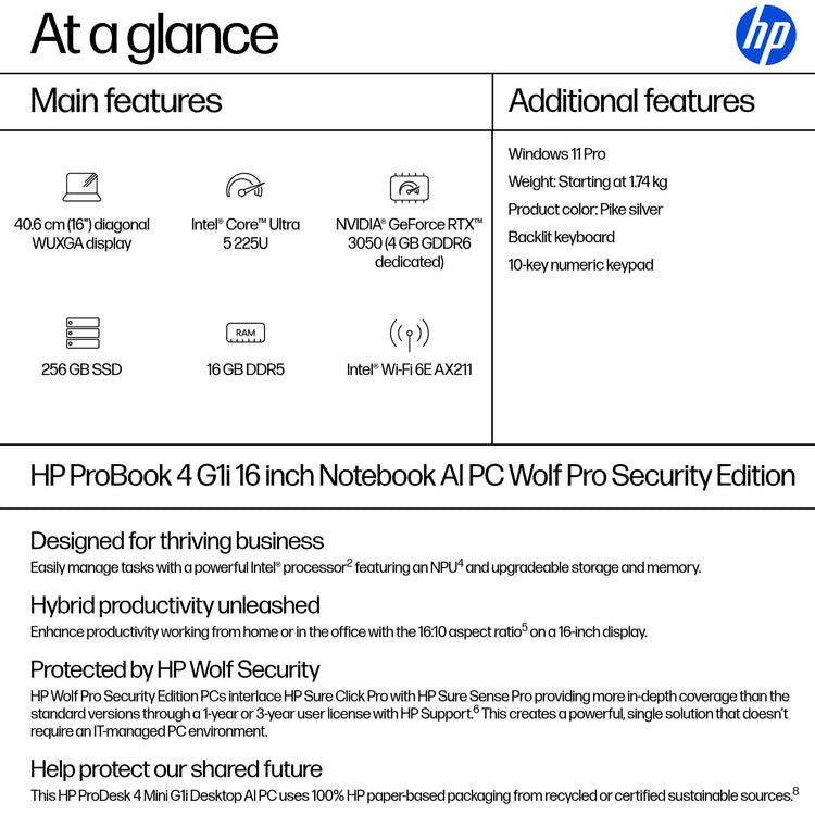 HP HPI P4G1I16 U5 225U 16 16GB/256 PC UNITED STATES / CANADA ENGLISH (BB3Q4UT#ABA) - Cartouches Certifiees