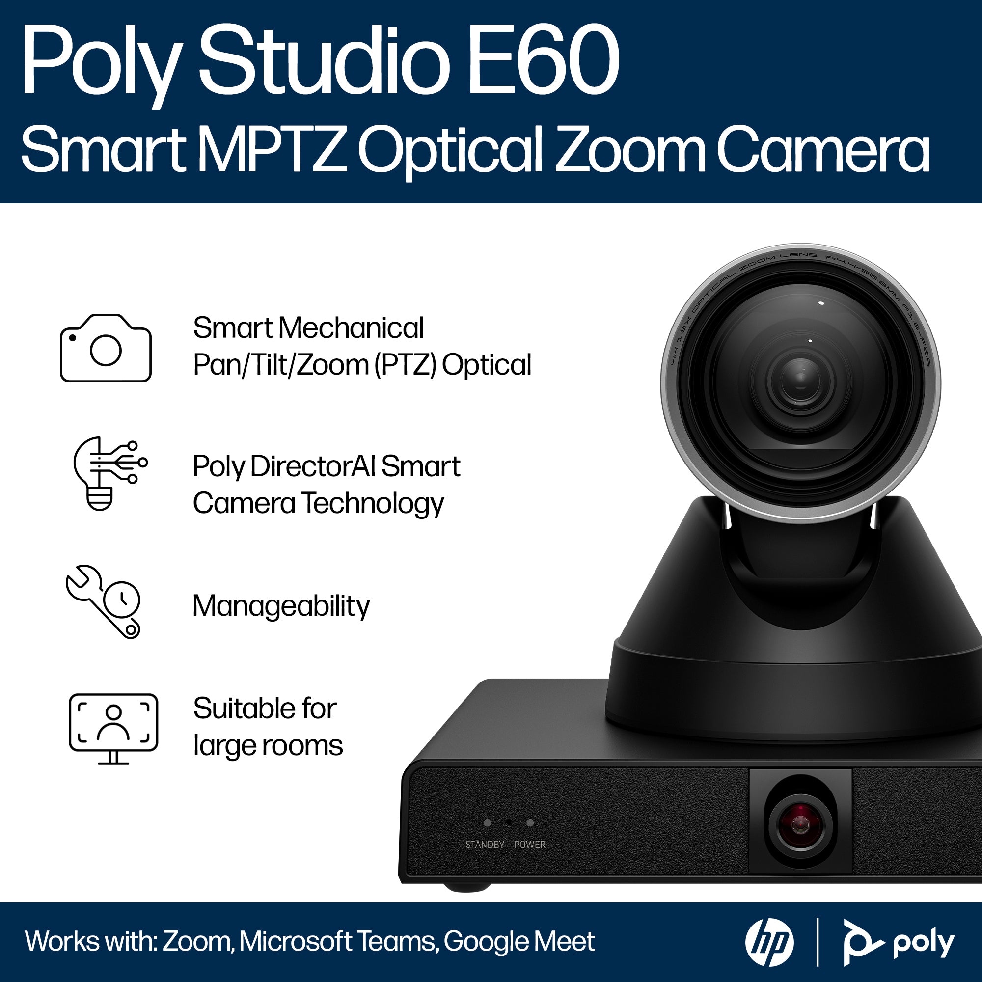 HPE HP Poly Studio E60 Smart Camera 4K MPTZ with 12x Optical Zoom (9W1A6AA#AC3) - Cartouches Certifiees