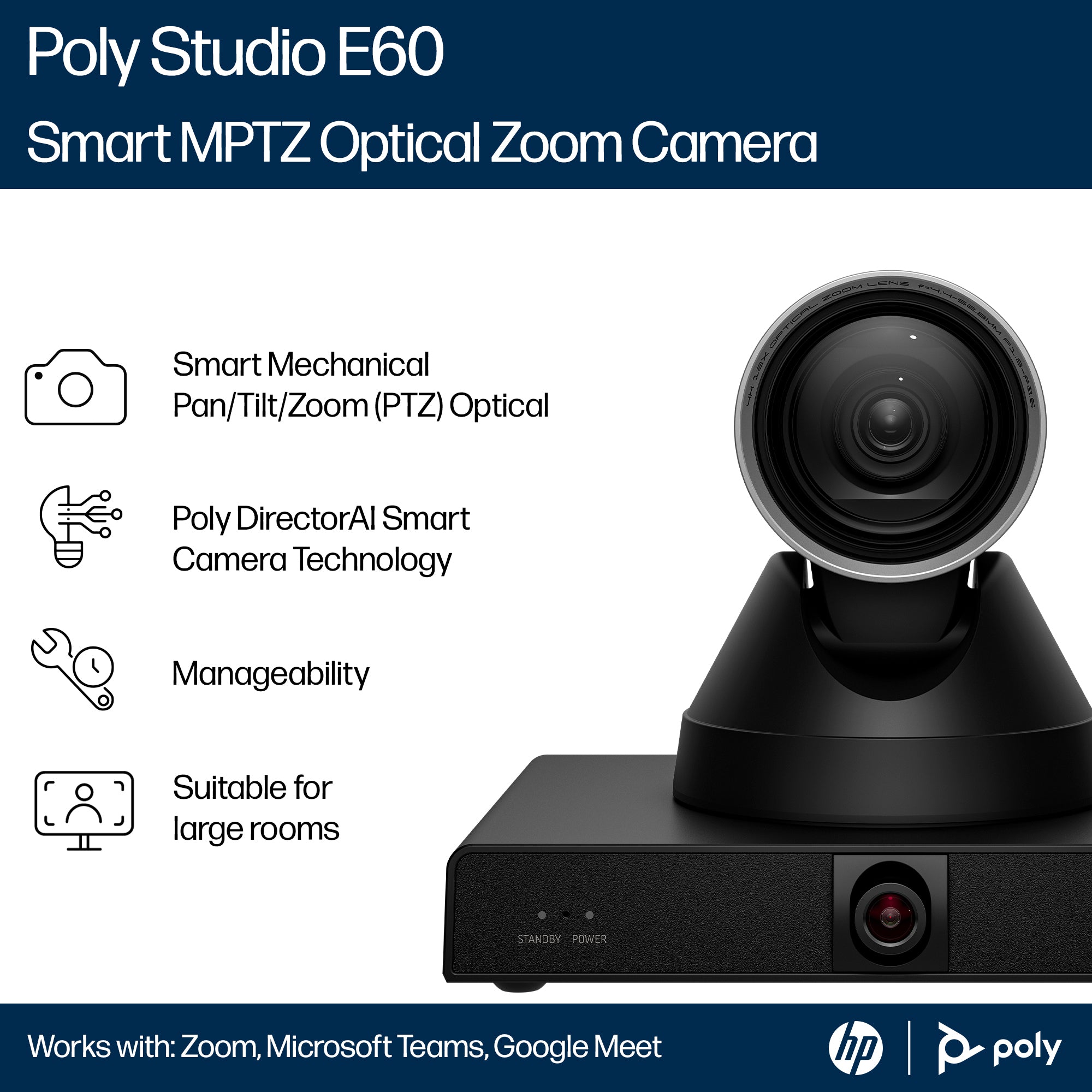 HPE HP Poly Studio E60 Smart Camera 4K MPTZ with 12x Optical Zoom (9W1A6AA#AC3) - Cartouches Certifiees