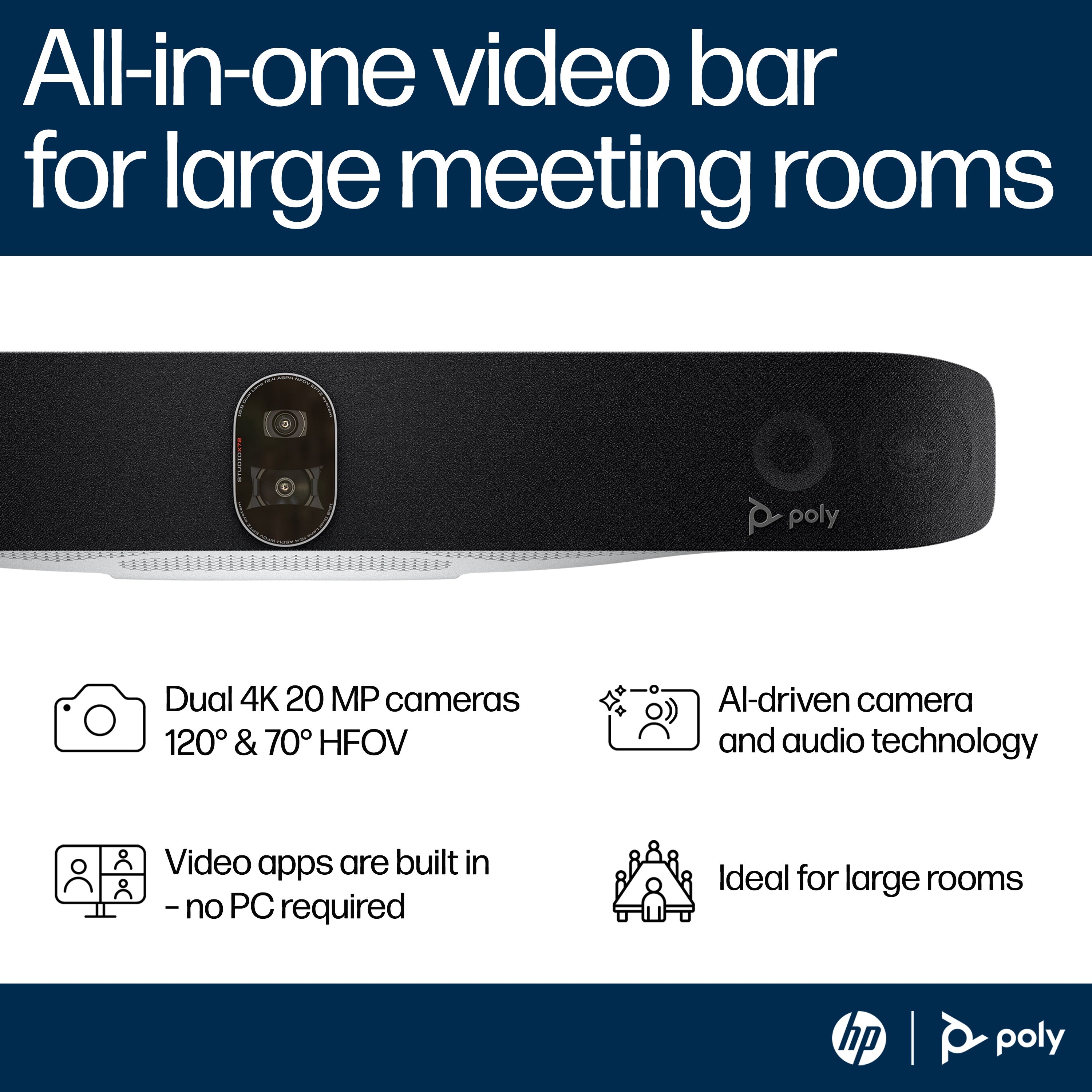 HPE HP Poly Studio X72 All-In-One Video Bar video conferencing system 20 MP Ethernet LAN Video collaboration bar (A4LZ8AA#ABA) - Cartouches Certifiees