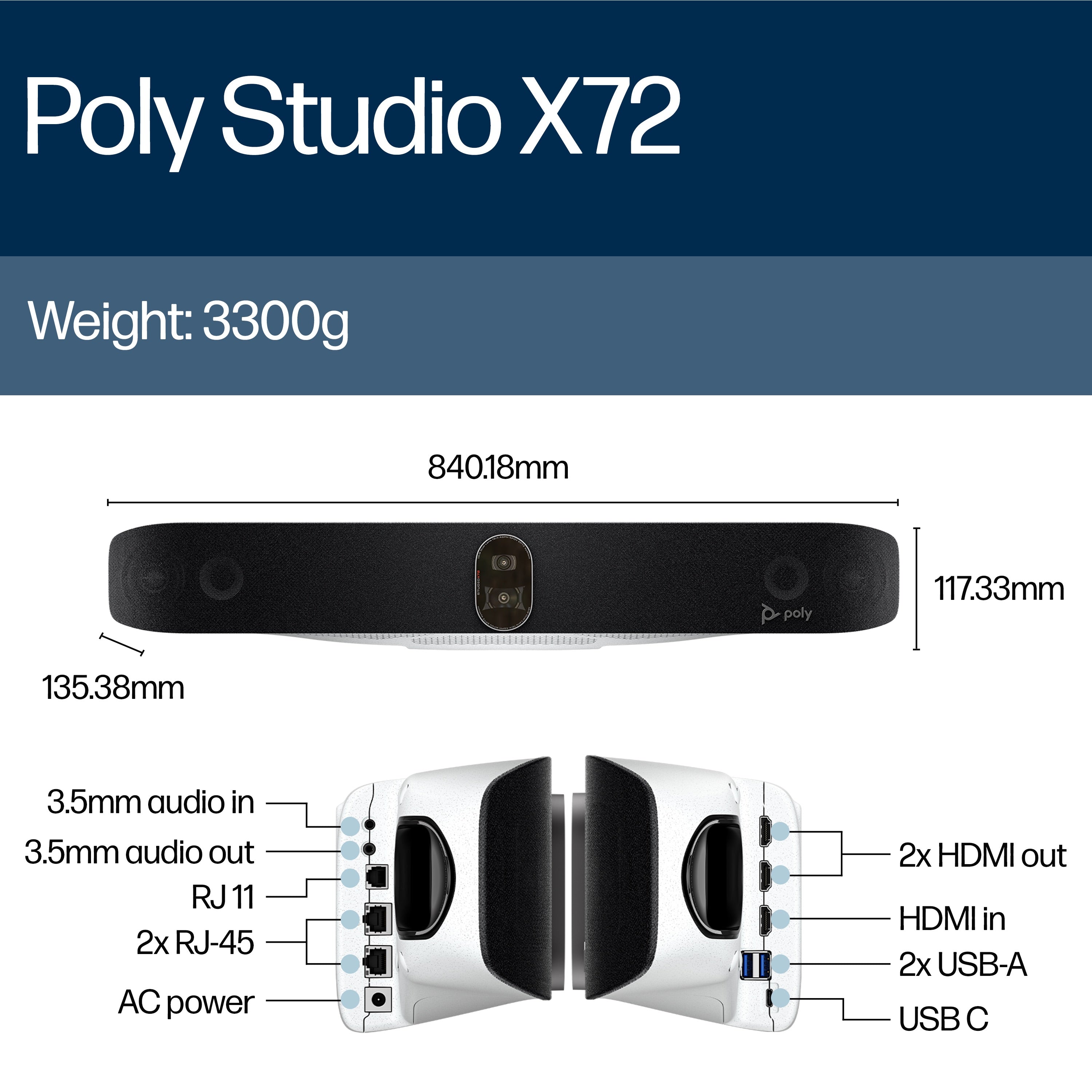 HPE HP Poly Studio X72 All-In-One Video Bar video conferencing system 20 MP Ethernet LAN Video collaboration bar (A4LZ8AA#ABA) - Cartouches Certifiees