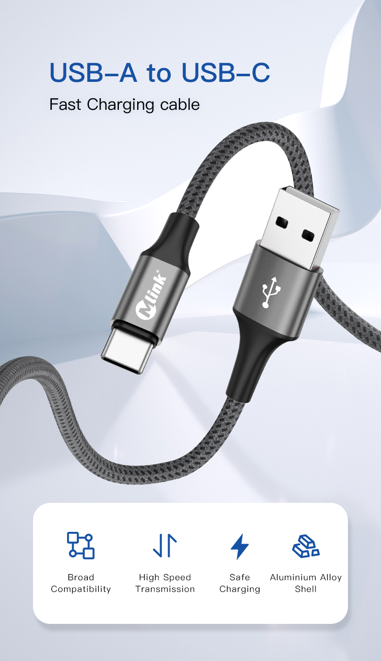 MLINK USB-A to USB-C Braided Fast Charging Cable PD20W 5V/2.4A - 2m (6.6') (96503) - Cartouches Certifiees