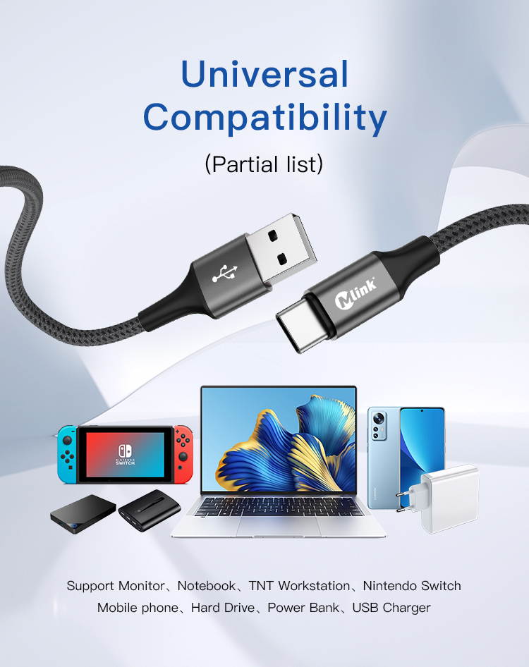 MLINK USB-A to USB-C Braided Fast Charging Cable PD20W 5V/2.4A - 3m (10') (96504) - Cartouches Certifiees