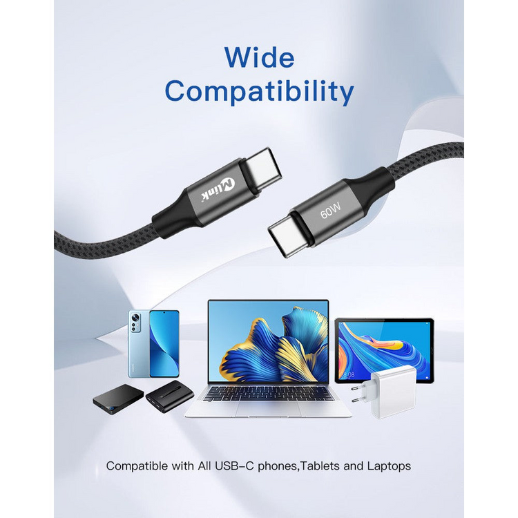 MLINK USB-C Braided Fast Charging Cable PD60W 20V/3A - 2m (6.6') (96558) - Cartouches Certifiees