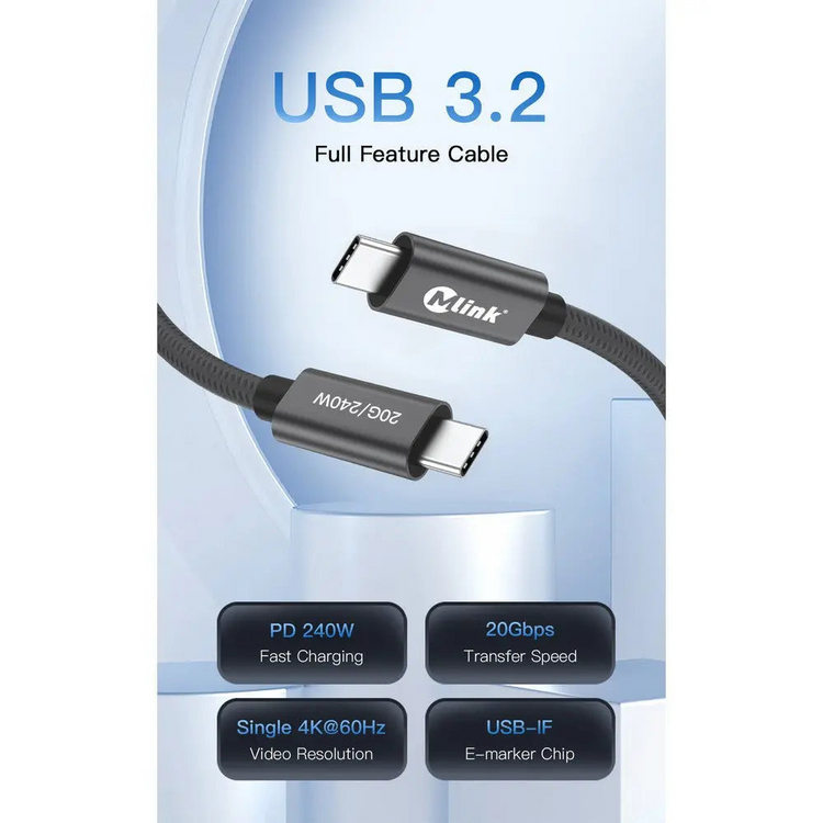 MLINK USB-C Braided High-Speed Transfer Cable PD240W 20Gbps - 2m (6.6') (96588) - Cartouches Certifiees