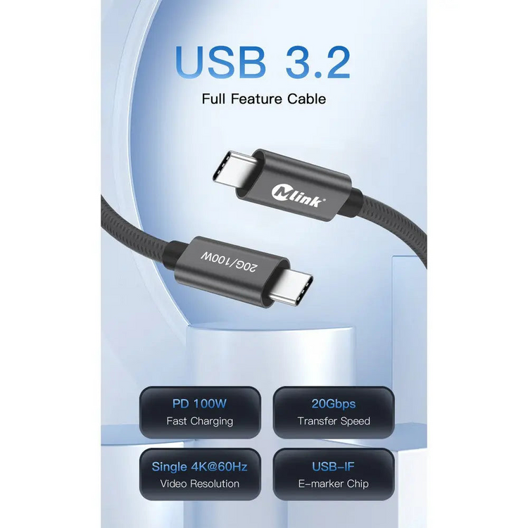 MLINK USB-C Thunderbolt 3.2 Braided Cable PD100W 20Gbps - 2m (6.6') (96586) - Cartouches Certifiees
