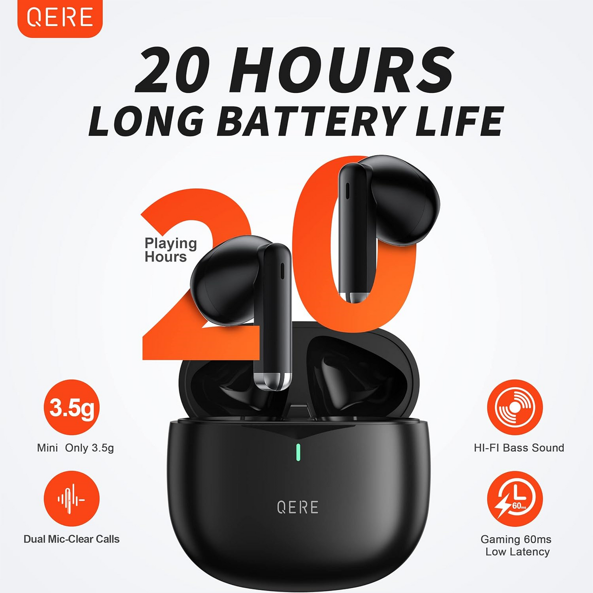 QERE E28 Bluetooth Wireless Earbuds, Immersive Sound & Noise Cancellation, IPX5 - Black (130286) - Cartouches Certifiees