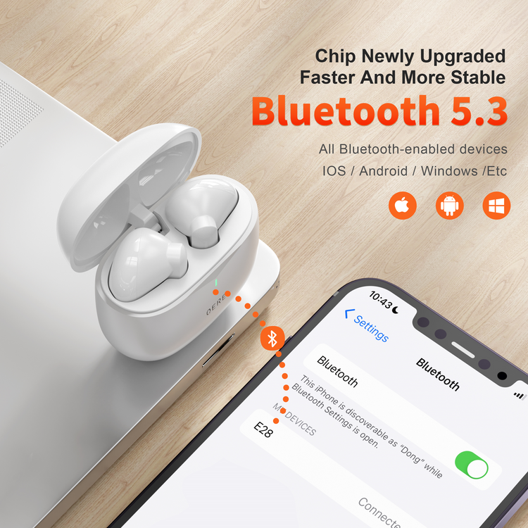 QERE E28 Bluetooth Wireless Earbuds, Immersive Sound & Noise Cancellation, IPX5 - White (130279) - Cartouches Certifiees