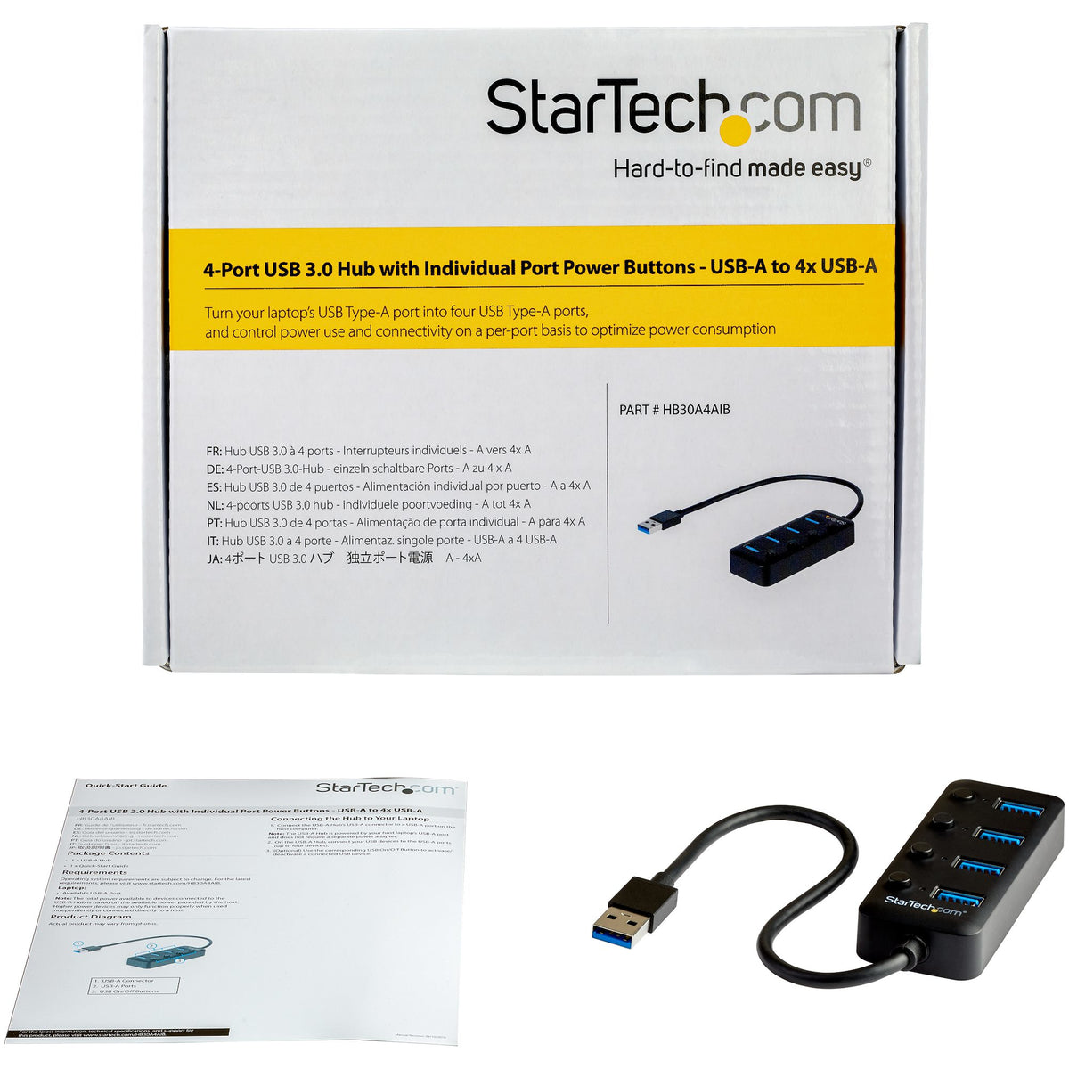 STARTECH .com interface hub USB 3.2 Gen 1 (3.1 Gen 1) Type-A 5000 Mbit/s Black (HB30A4AIB) - Cartouches Certifiees