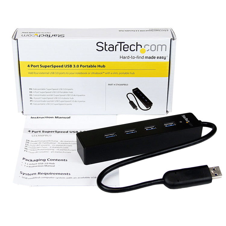 STARTECH .com interface hub USB 3.2 Gen 1 (3.1 Gen 1) Type-A 5000 Mbit/s Black (ST4300PBU3) - Cartouches Certifiees