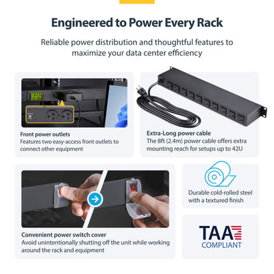 STARTECH .com power distribution unit (PDU) 12 AC outlet(s) 1U Black (12NM8-RACK-MOUNT-PDU) - Cartouches Certifiees