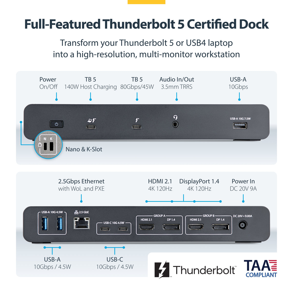 STARTECH laptop dock/port replicator Wired Thunderbolt 5 Black, Grey (206N-TB5USB4DOCK) - Cartouches Certifiees