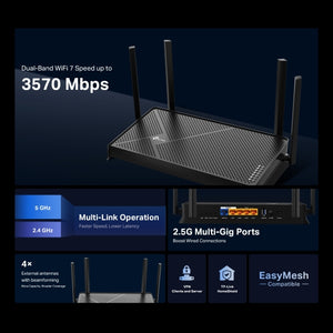 TP-LINK Archer BE3600 wireless router 2.5 Gigabit Ethernet Dual-band (2.4 GHz / 5 GHz) Black (ARCHER-BE3600) - Cartouches Certifiees