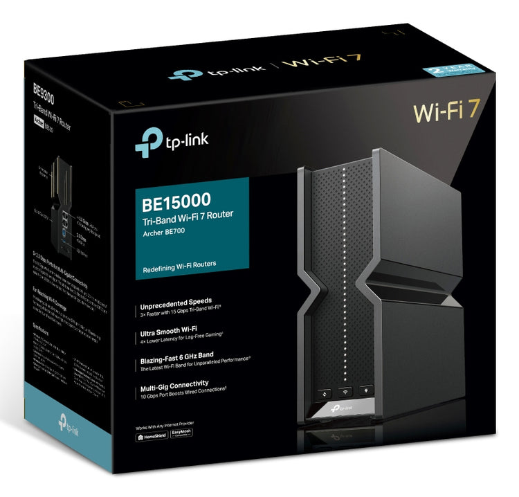 TP-LINK Archer BE700 wireless router Multi-Gigabit Ethernet Tri-band (2.4 GHz / 5 GHz / 6 GHz) Black (ARCHER-BE700) - Cartouches Certifiees