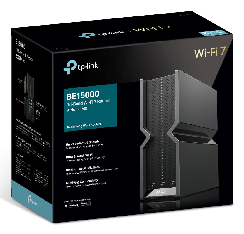 TP-LINK Archer BE700 wireless router Multi-Gigabit Ethernet Tri-band (2.4 GHz / 5 GHz / 6 GHz) Black (ARCHER-BE700) - Cartouches Certifiees