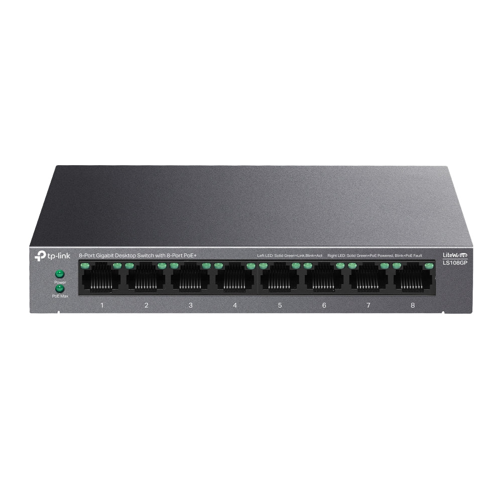 TP-LINK LiteWave network switch Unmanaged Gigabit Ethernet (10/100/1000) Power over Ethernet (PoE) Black (LS108GP) - Cartouches Certifiees