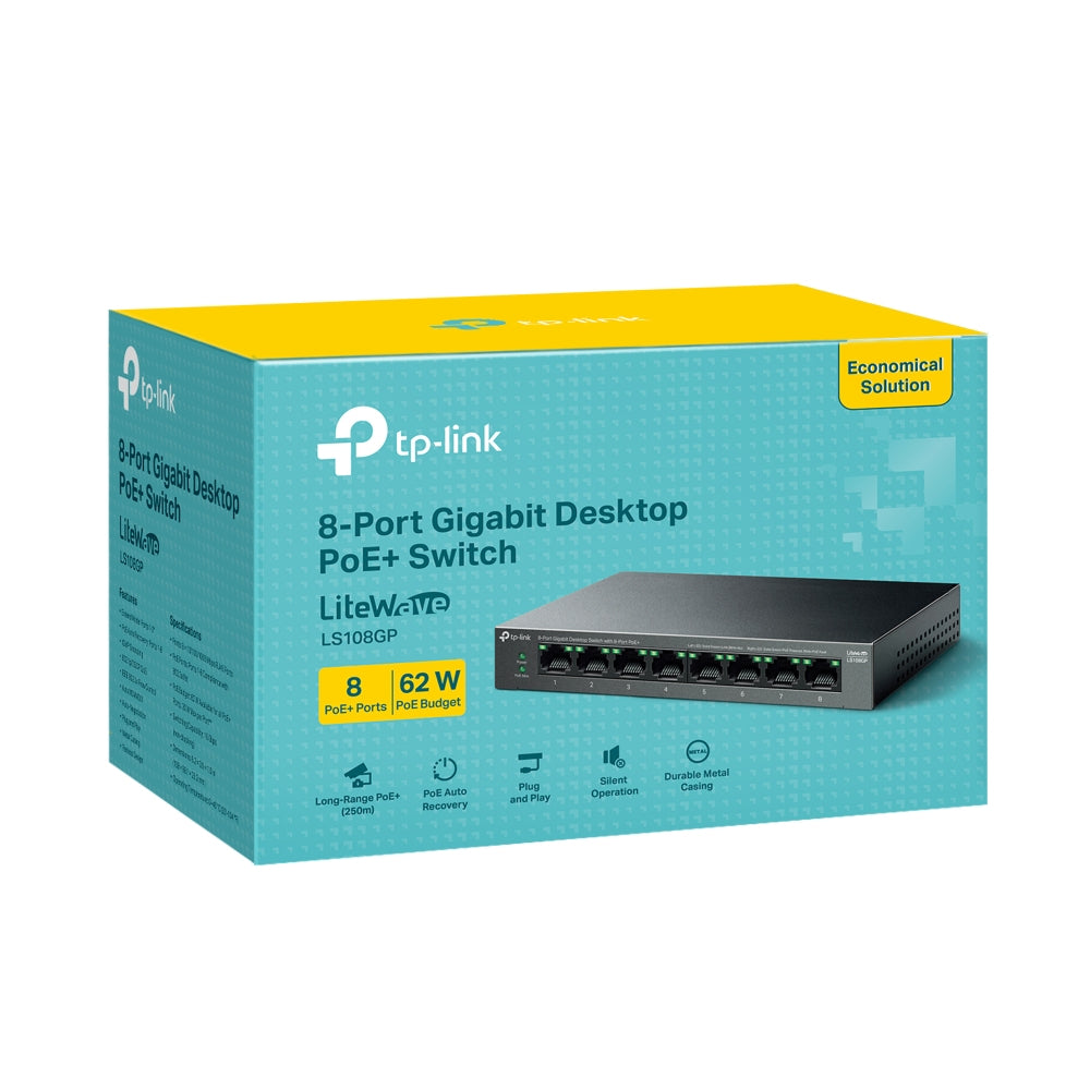 TP-LINK LiteWave network switch Unmanaged Gigabit Ethernet (10/100/1000) Power over Ethernet (PoE) Black (LS108GP) - Cartouches Certifiees